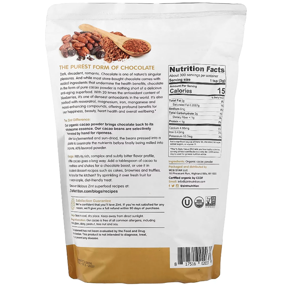 ZIN009 | Back of Zint organic cacao powder bag with nutrition facts, ingredients, and usage instructions