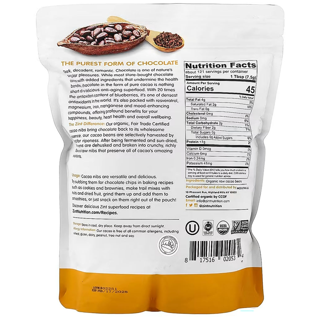 ZIN014 | Back of Zint organic cacao nibs pouch with nutrition facts, ingredients, usage, and certifications - Thumbnail