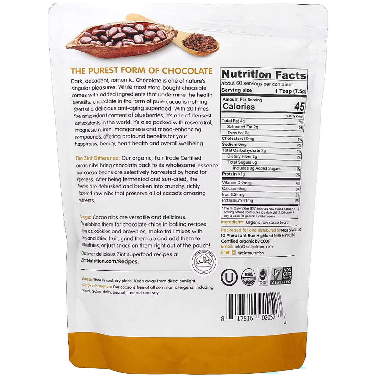 ZIN013 | Back of Zint organic cacao nibs pouch with nutrition facts, ingredients, certifications, and usage text