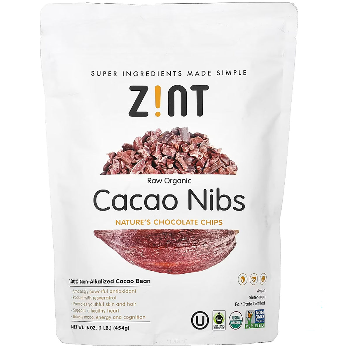 ZIN013 | Zint Raw Organic Cacao Nibs pouch, Nature's Chocolate Chips, 16 oz