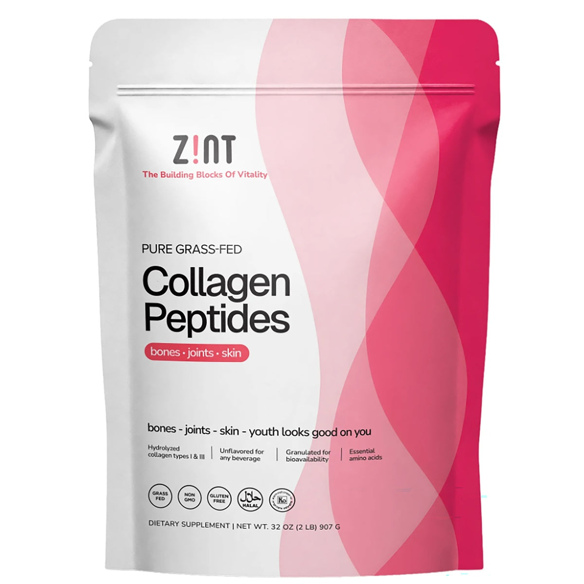 ZIN001 | Zint Collagen Peptides, pure grass-fed, dietary supplement pouch, 32 oz