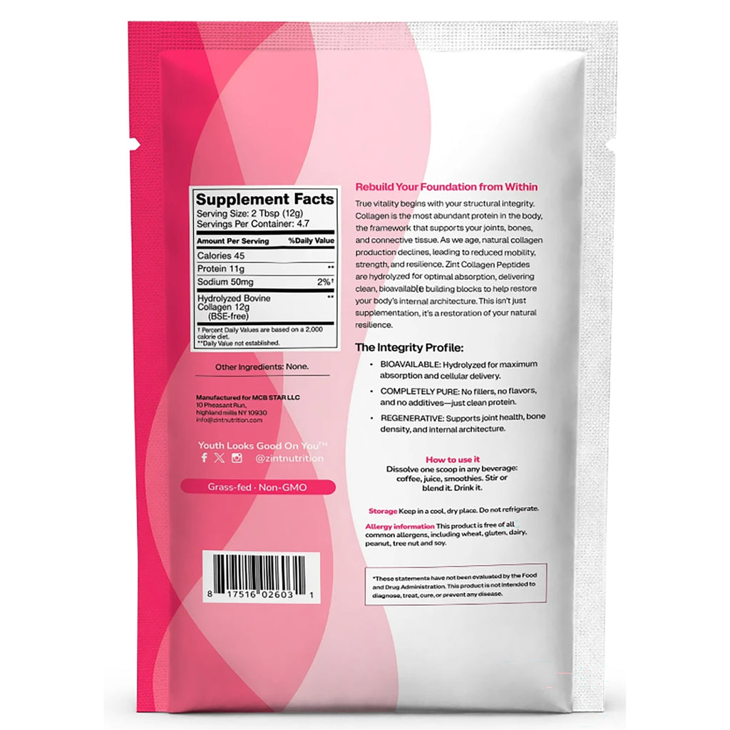 ZIN001 | Back of Zint Pure Collagen peptides pouch with Supplement Facts panel, usage directions, and certifications - Thumbnail