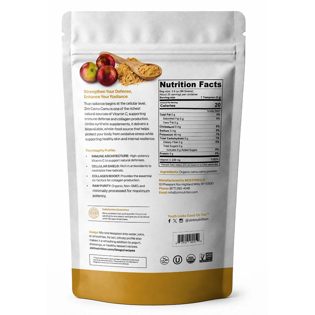 ZIN016 | Back of Zint camu camu powder pouch with nutrition facts, ingredients, usage, and product benefits - Thumbnail