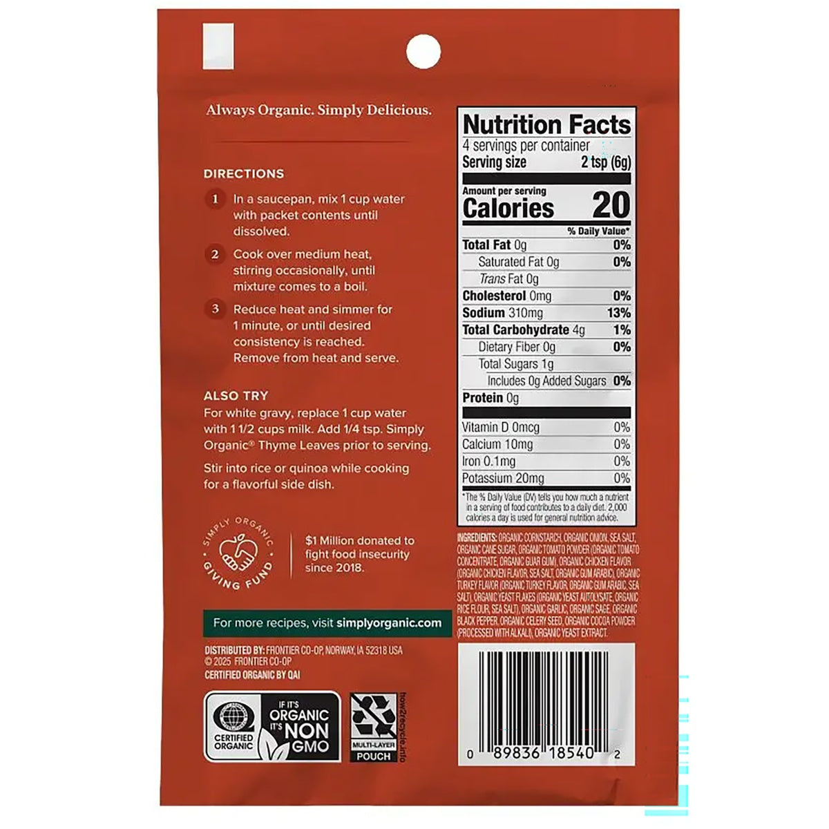 SMP049 | Back of Simply Organic packet with directions, Nutrition Facts, ingredients, certifications, and barcode