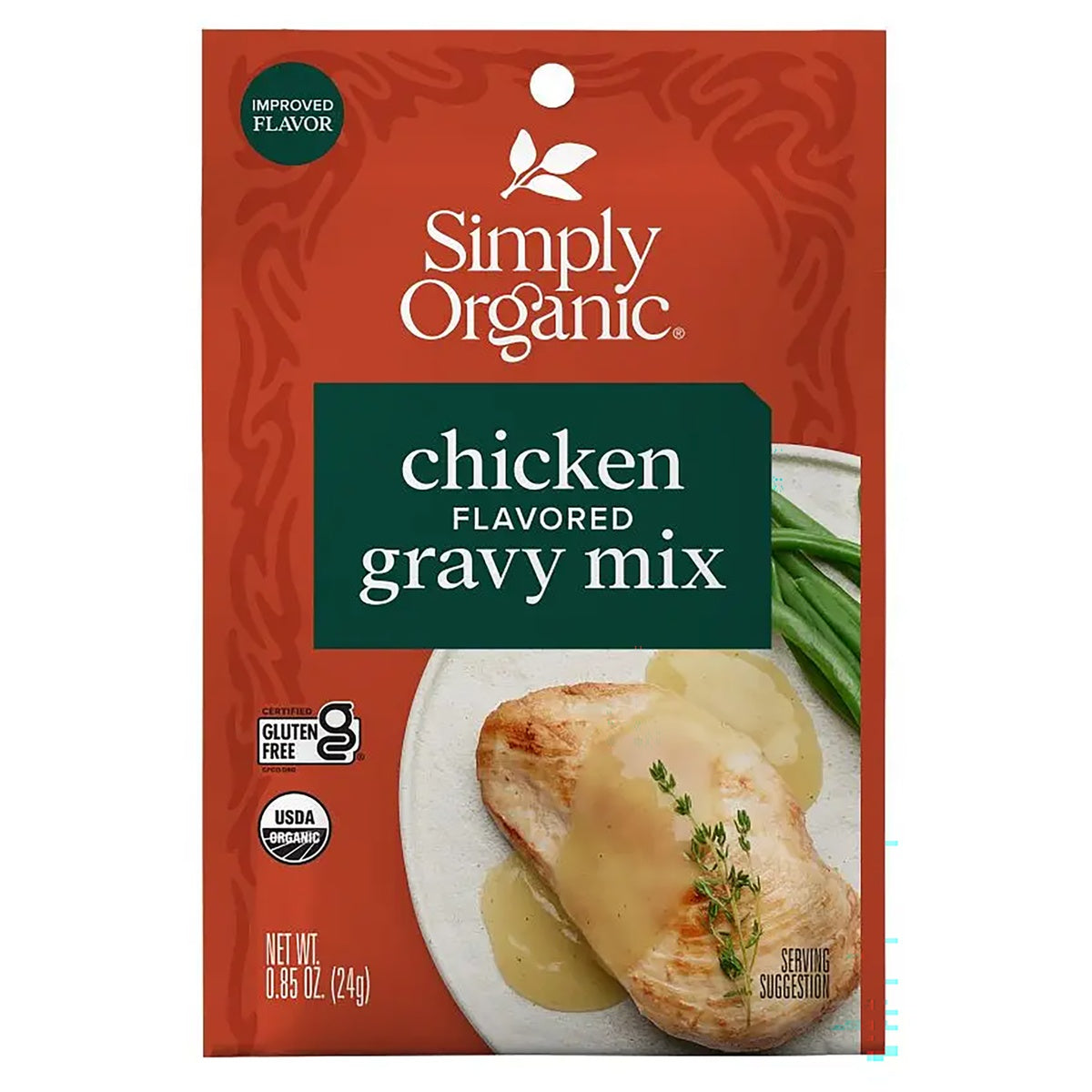 SMP049 | Simply Organic chicken flavored gravy mix packet showing plated chicken with gravy and USDA Organic logo