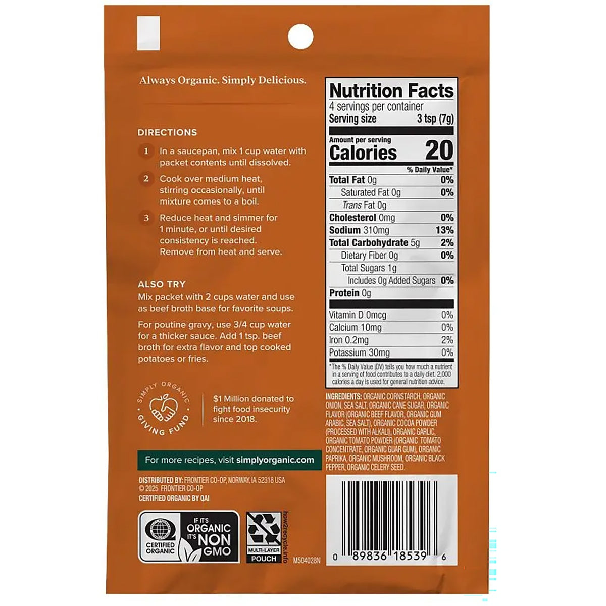 SMP048 | Back of seasoning packet showing nutrition facts, cooking directions, ingredients list and barcode
