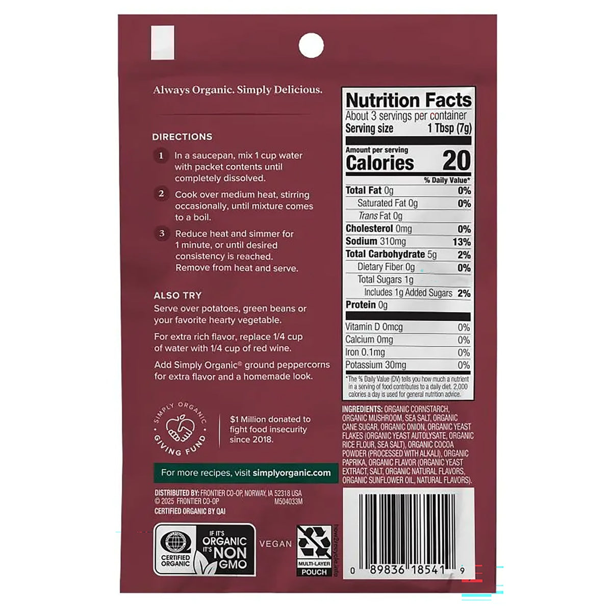 SMP050 | Simply Organic packet back with nutrition facts, directions, tips, QR code, and barcode