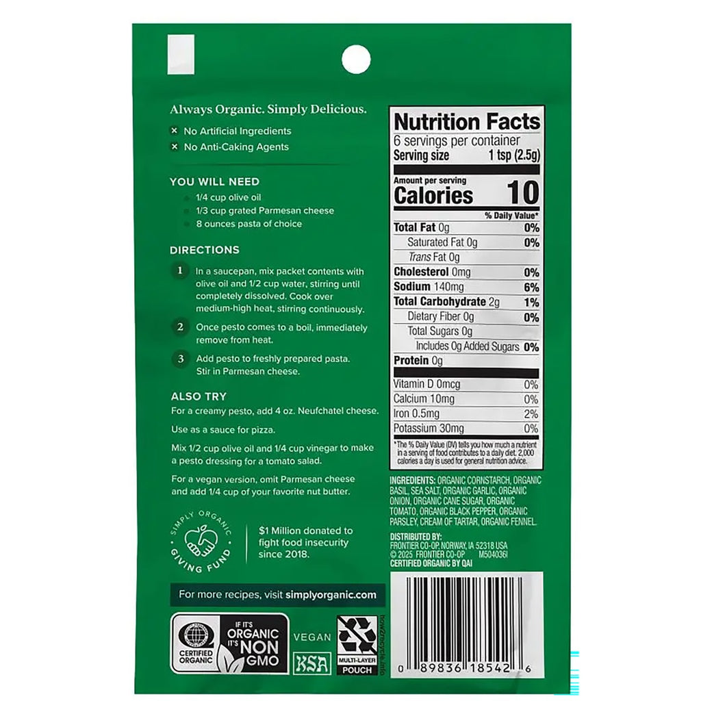 SMP002 | Back of Simply Organic packet with Nutrition Facts, ingredients, directions, QR code, and barcode - Thumbnail