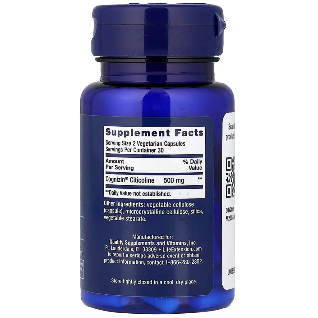 LE580 | back of blue supplement bottle with Supplement Facts listing Cognizin Citicoline 500 mg and ingredients - Thumbnail