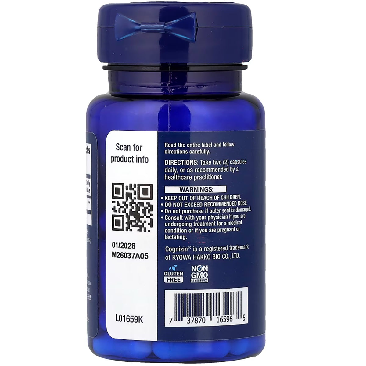 LE580 | back label of blue supplement bottle showing directions, warnings, QR code, expiration 07/2026 and barcode