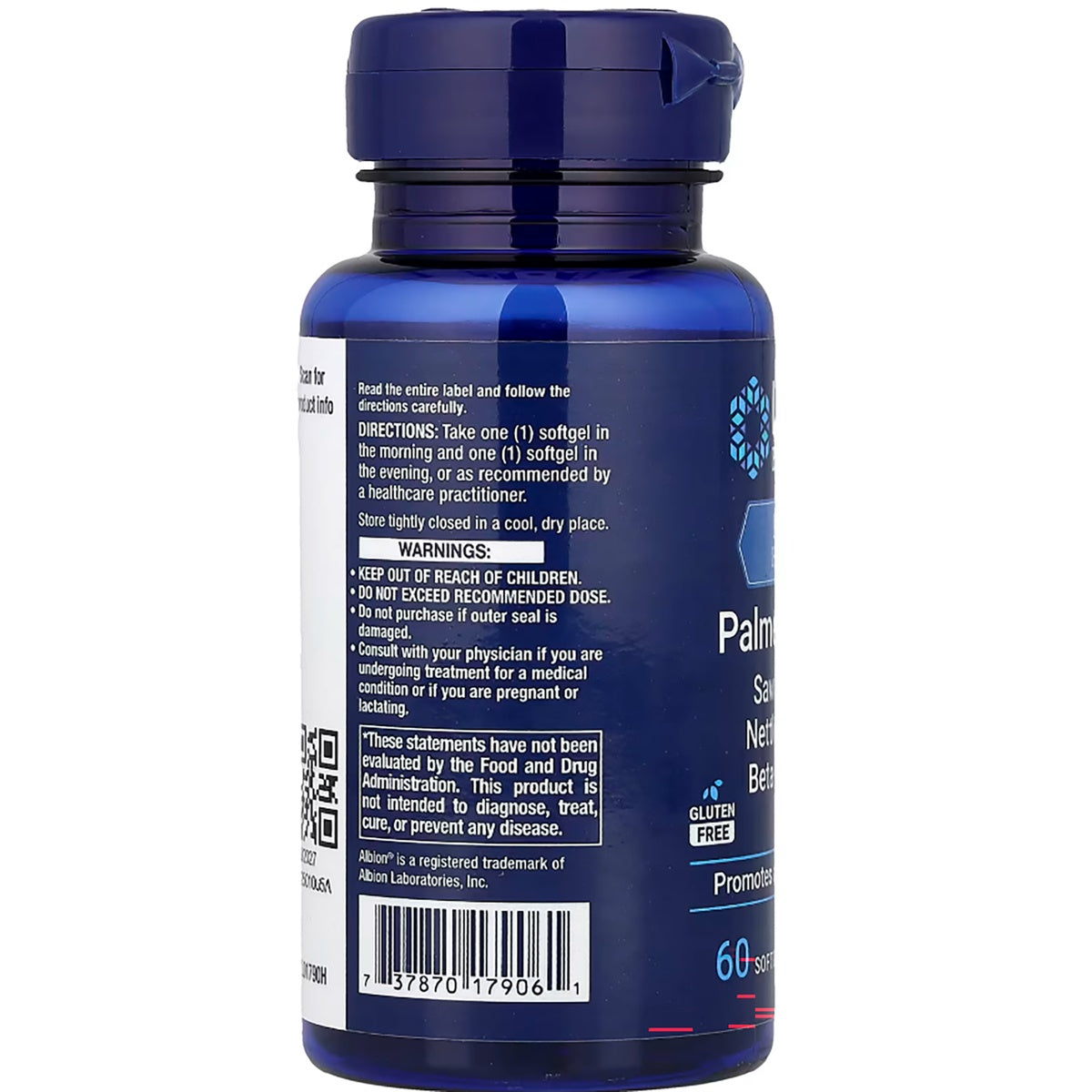 LE266 | Blue supplement bottle showing back label with directions, warnings, and barcode