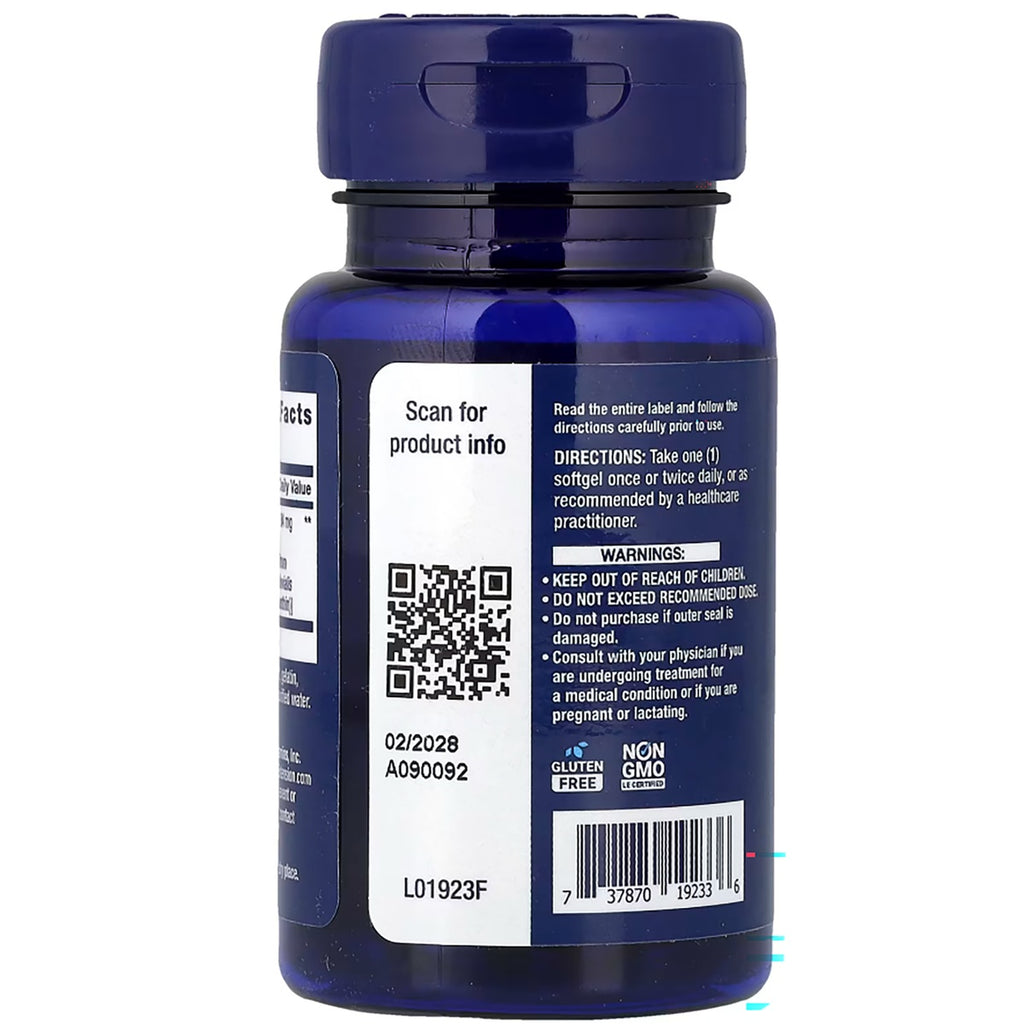 LE377 | Back label of a blue supplement bottle with QR code, directions, warnings, gluten-free and non-GMO icons - Thumbnail