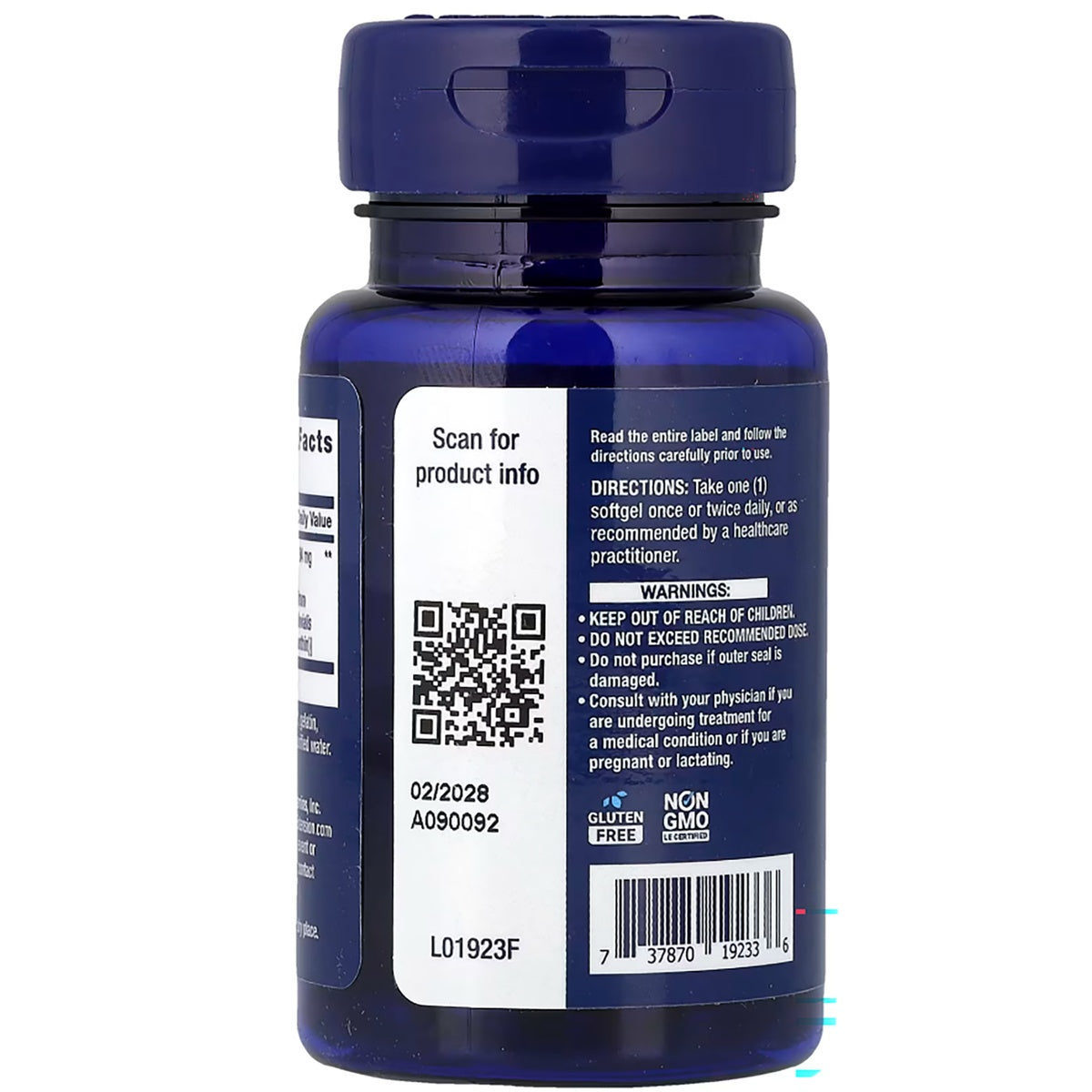 LE377 | Back label of a blue supplement bottle with QR code, directions, warnings, gluten-free and non-GMO icons