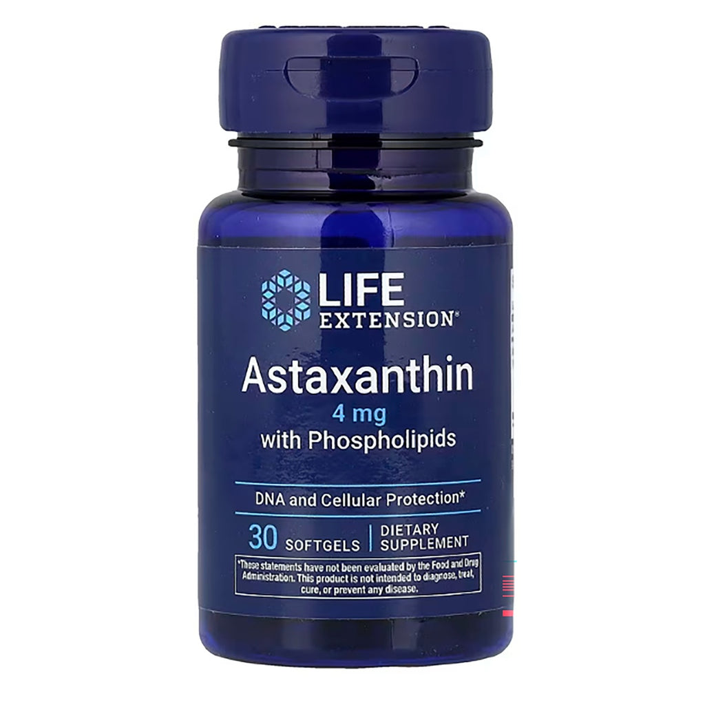 LE377 | Blue Life Extension bottle labeled Astaxanthin 4 mg with Phospholipids, 30 softgels dietary supplement - Thumbnail