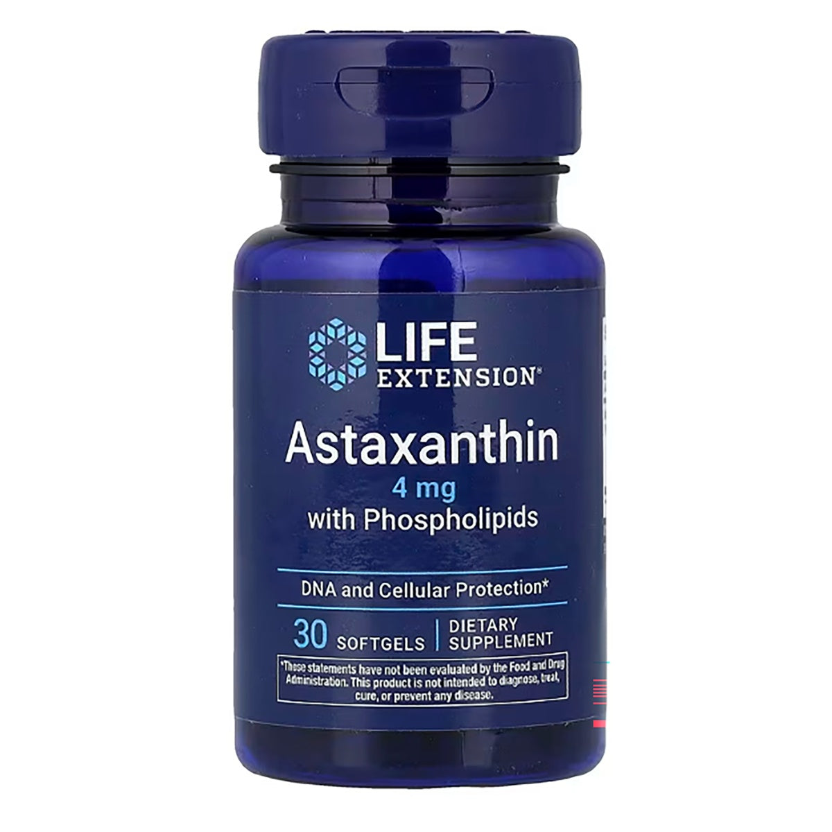LE377 | Blue Life Extension bottle labeled Astaxanthin 4 mg with Phospholipids, 30 softgels dietary supplement