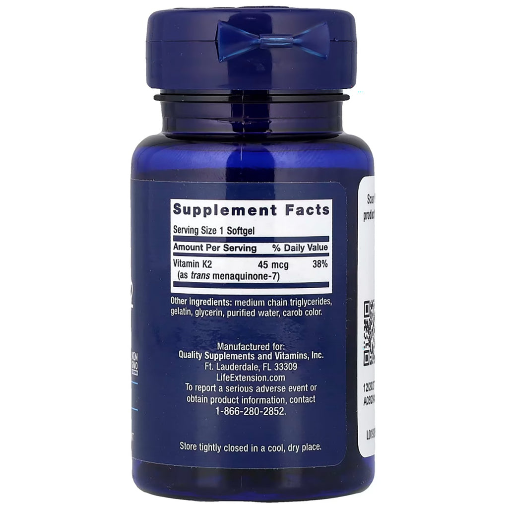 LE386 | Blue bottle of Vitamin K2 softgels showing Supplement Facts and ingredient details - Thumbnail