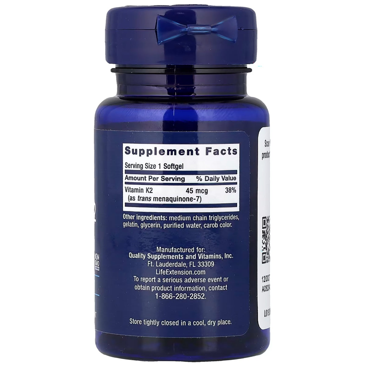 LE386 | Blue bottle of Vitamin K2 softgels showing Supplement Facts and ingredient details