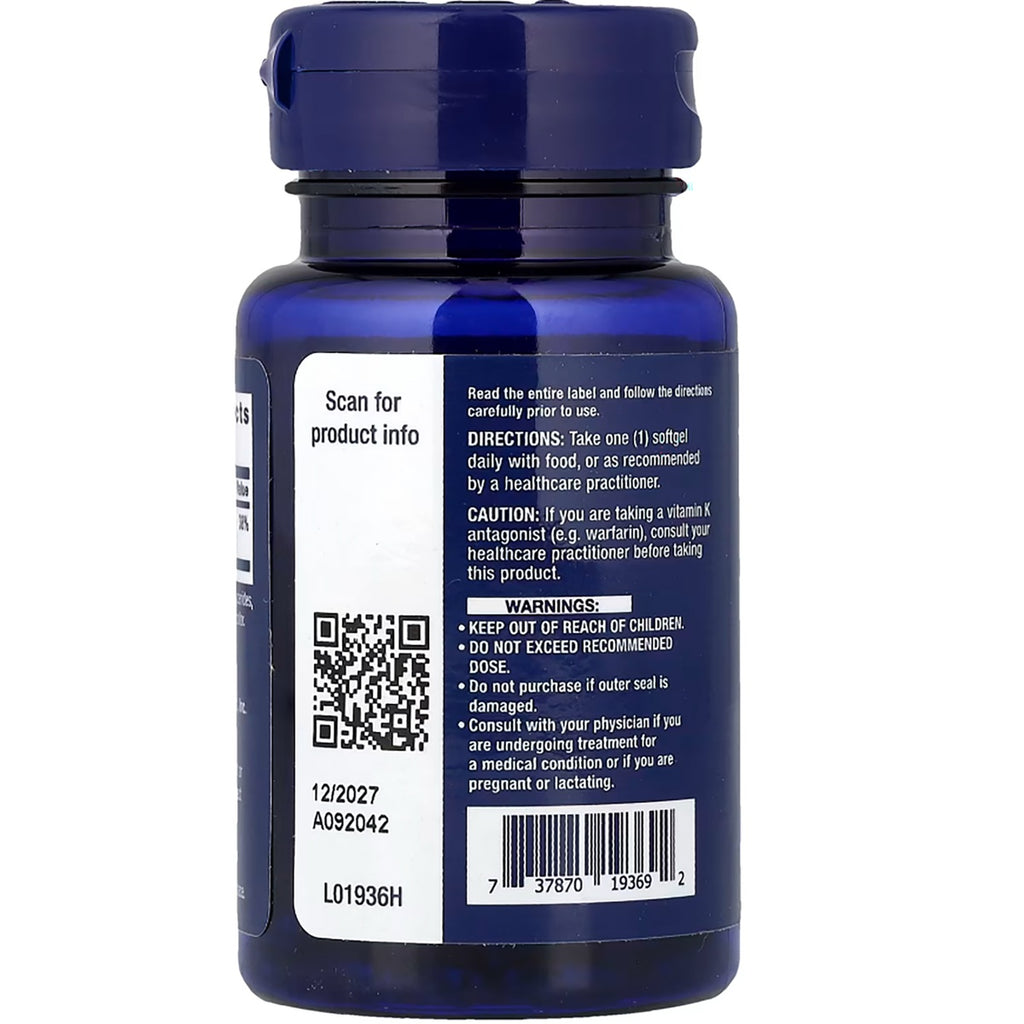 LE386 | Back label of a blue supplement bottle with directions, warnings, QR code, and barcode - Thumbnail