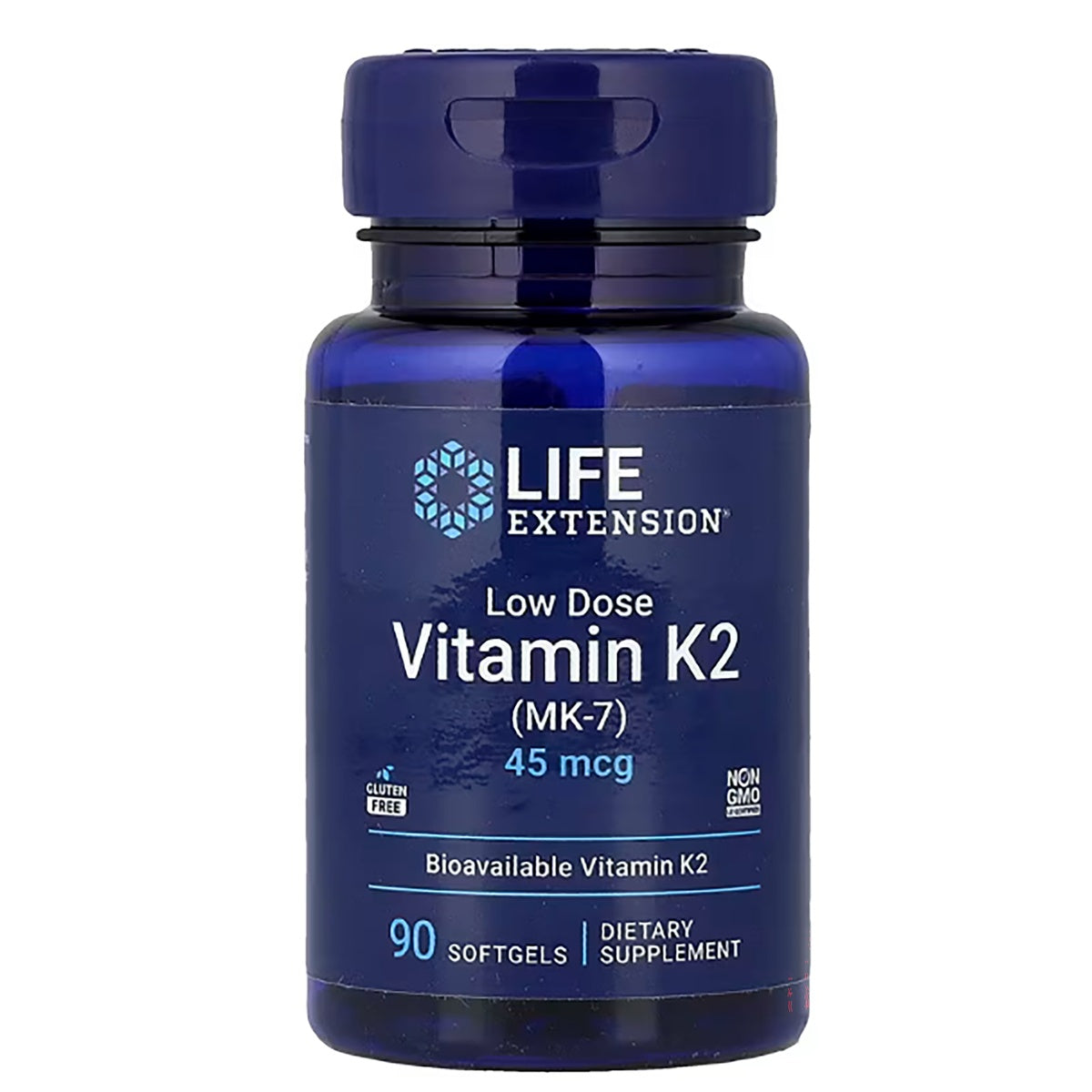 LE386 | Life Extension Low Dose Vitamin K2 (MK-7) 45 mcg blue bottle front label, 90 softgels