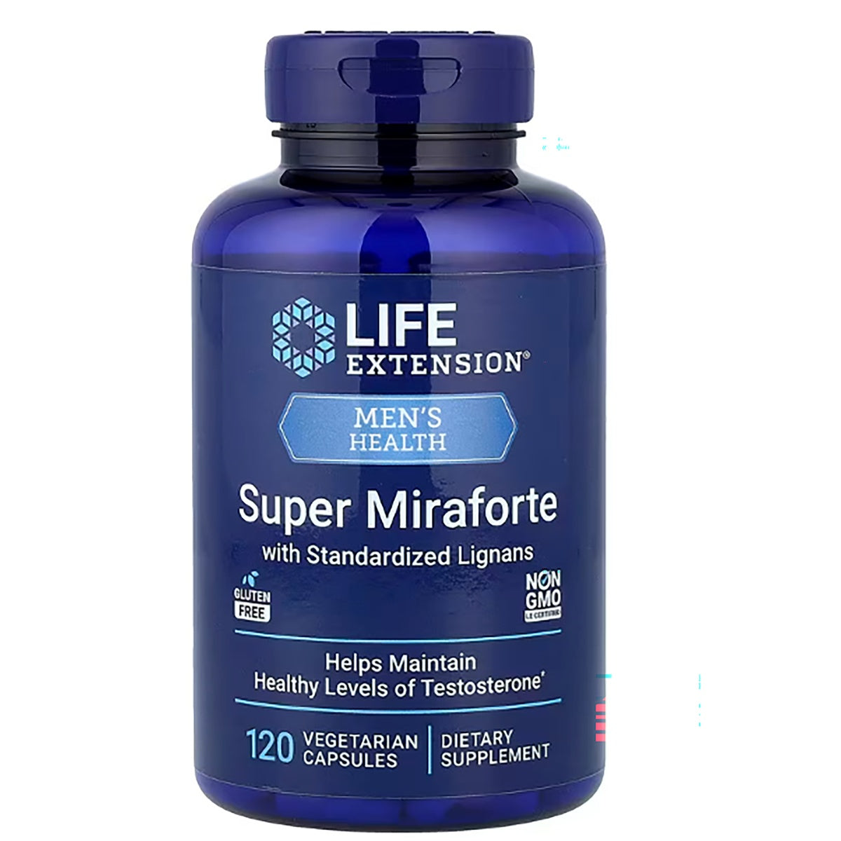 LE399 | Life Extension Super Miraforte bottle front label, 120 vegetarian capsules, helps maintain healthy testosterone levels