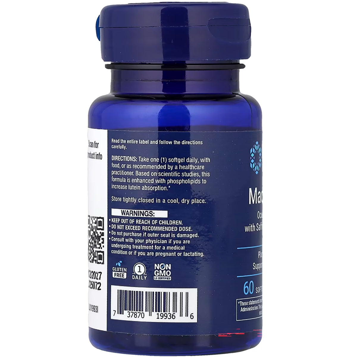 LE400 | Back label of a blue supplement bottle showing directions, warnings, and 60 softgels