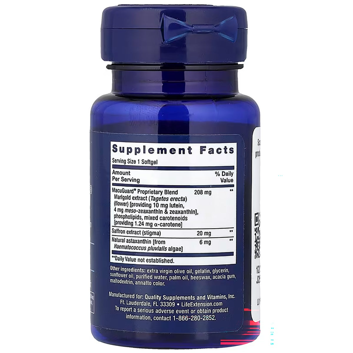 LE400 | Back of blue supplement bottle showing Supplement Facts label with serving size, ingredient list, and contact information
