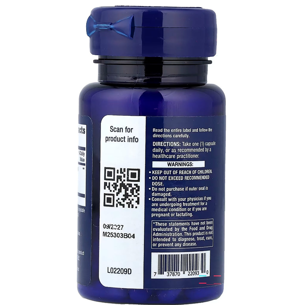 LE455 | Back label of a blue supplement bottle with QR code, directions, warnings, and barcode - Thumbnail