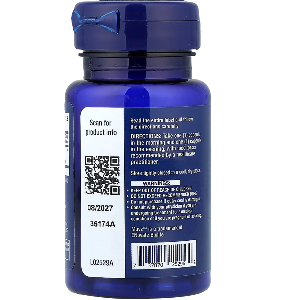 LE595 | Supplement bottle back label with QR code, directions, warnings, and barcode