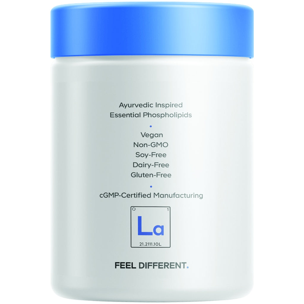 CDG075 | White supplement bottle with blue cap labeled Ayurvedic Inspired Essential Phospholipids and Feel Different - Thumbnail