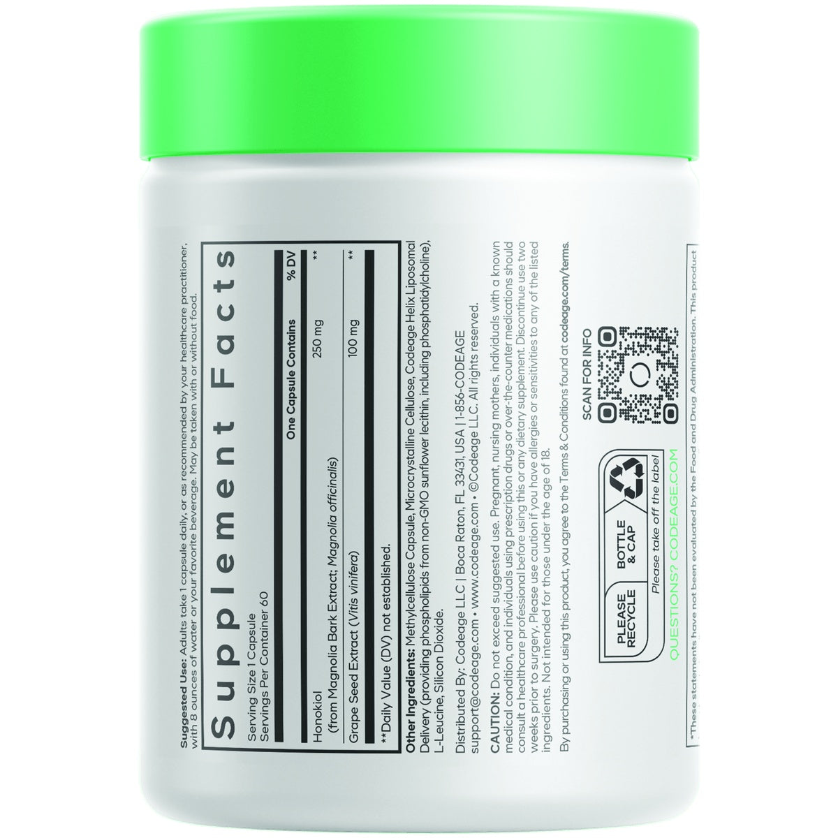 CDG076 | Supplement Facts label on a Codeage bottle with QR code and recycling instructions