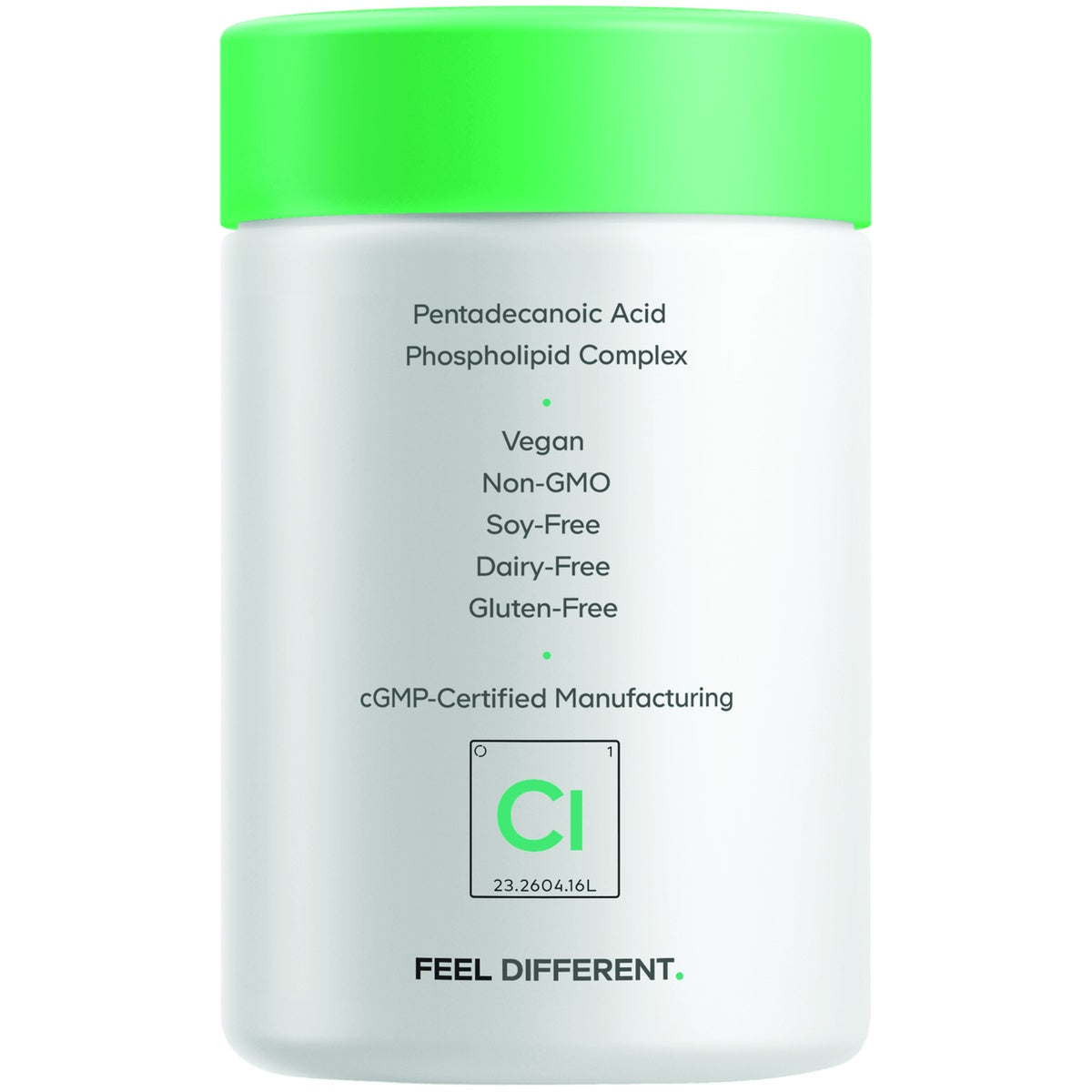 CDG077 | Bottle of Pentadecanoic Acid Phospholipid Complex with Vegan, Non-GMO, Soy-Free, Dairy-Free, Gluten-Free claims
