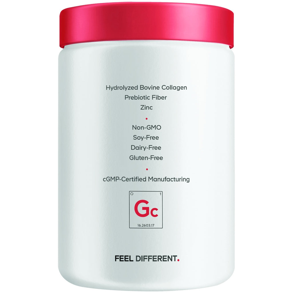 CDG078 | White supplement container with pink lid labeled Hydrolyzed Bovine Collagen, Prebiotic Fiber, and Zinc - Thumbnail