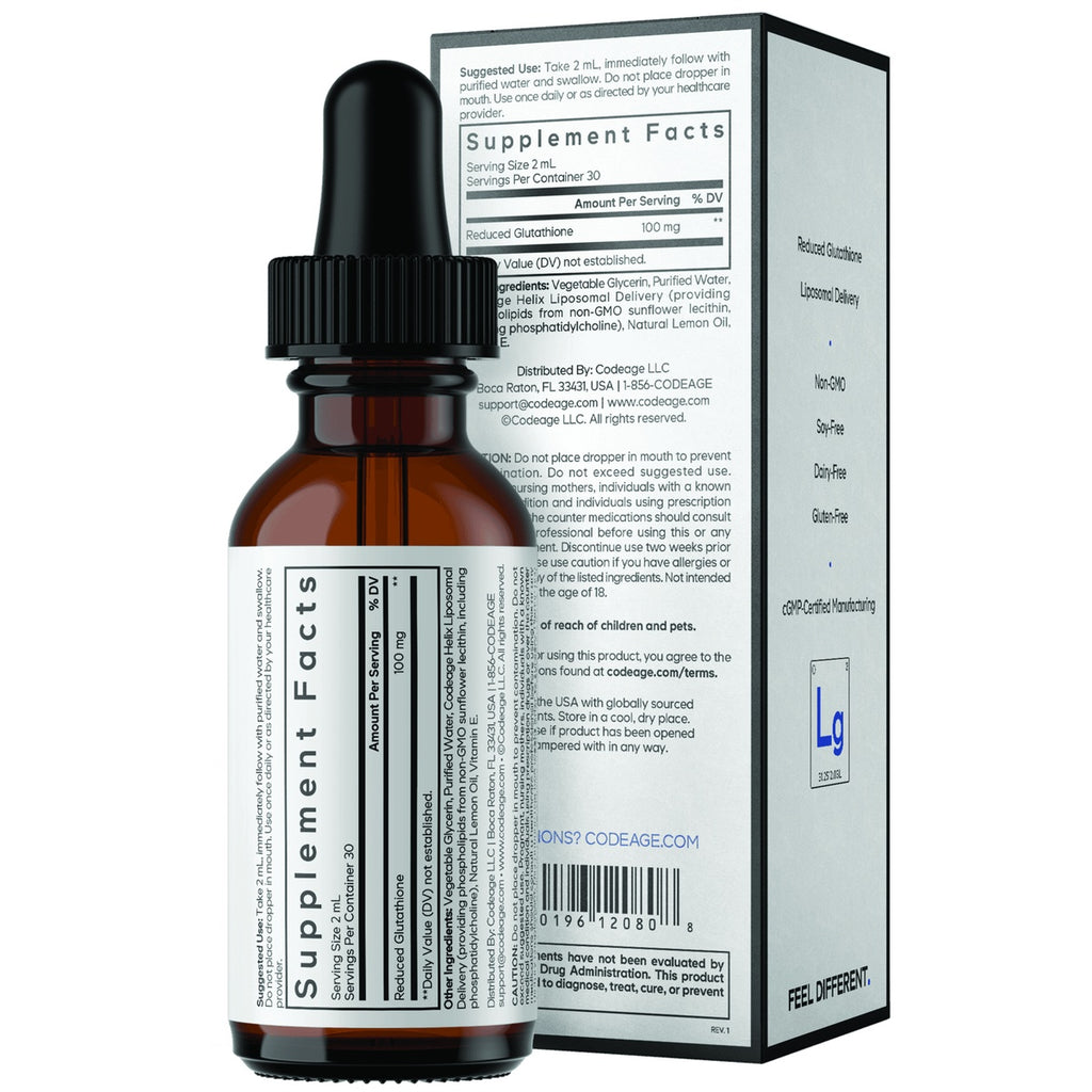 CDG079 | Liposomal reduced glutathione supplement bottle with box showing supplement facts and usage instructions - Thumbnail