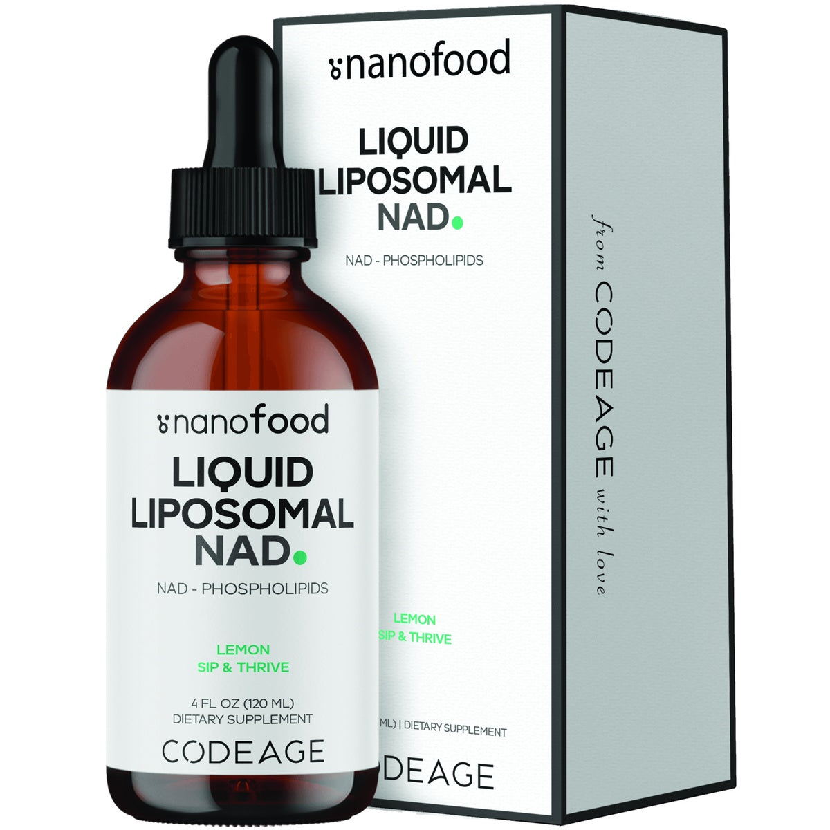CDG080 | Codeage Liquid Liposomal NAD+ lemon dietary supplement bottle and box