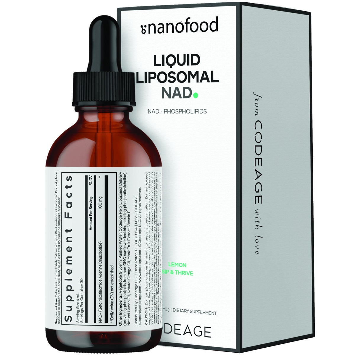CDG080 | Nanofood liquid liposomal NAD+ supplement bottle and box with lemon flavor