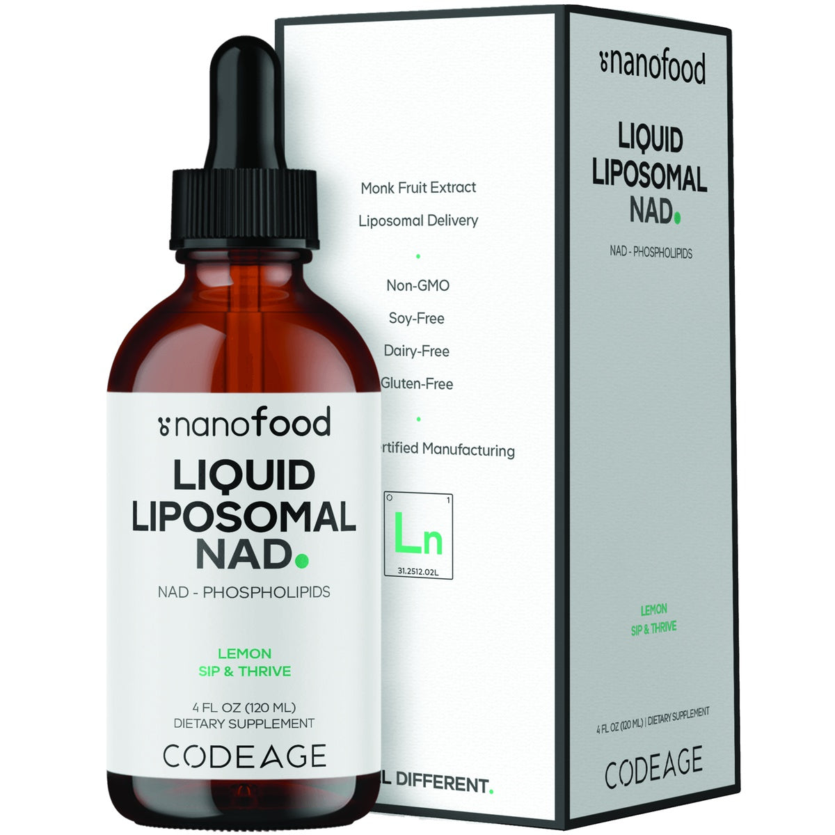 CDG080 | Codeage Nanofood Liquid Liposomal NAD+ lemon dietary supplement bottle and box