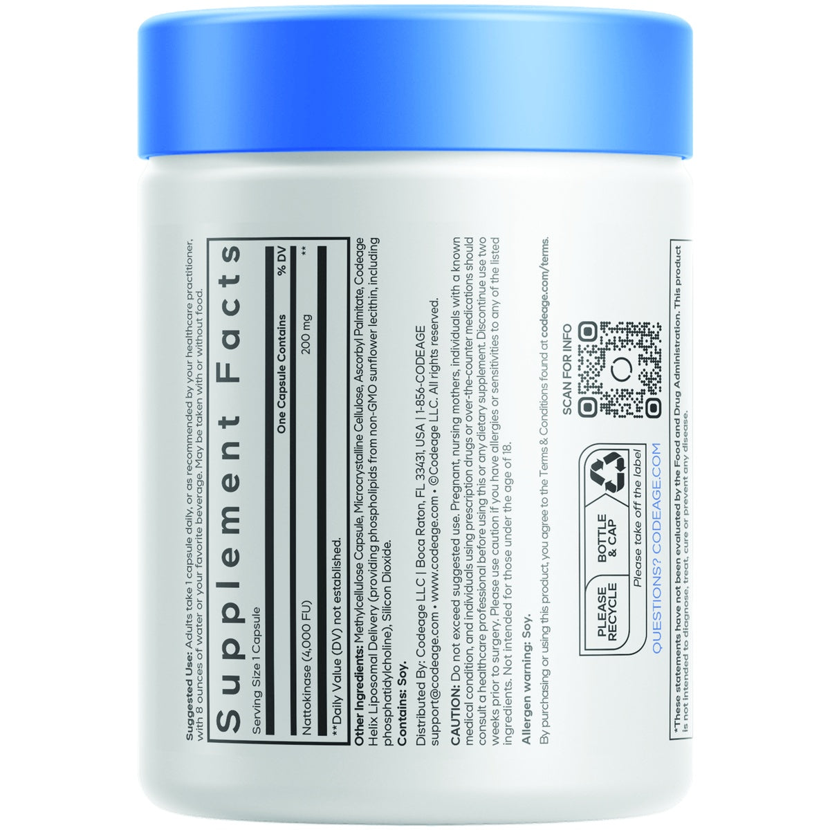 CDG082 | Supplement Facts panel for a Codeage bottle showing Natto kinase, ingredients, warnings, and QR code