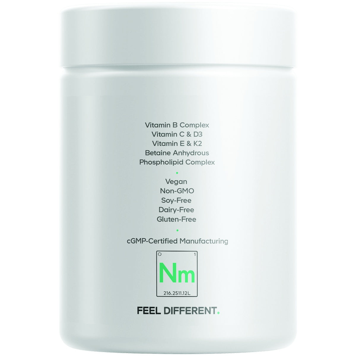 CDG084 | White supplement jar with Vitamin B Complex, Vitamin C & D3, vegan, non-GMO, soy-free, dairy-free, gluten-free label