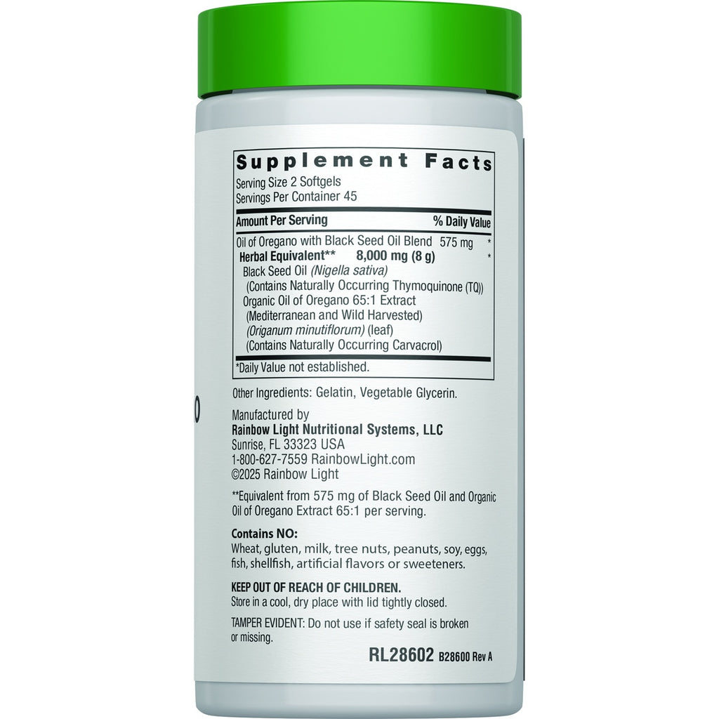 RBL180 | Supplement Facts panel for Rainbow Light Oil of Oregano with Black Seed Oil Blend softgels - Thumbnail