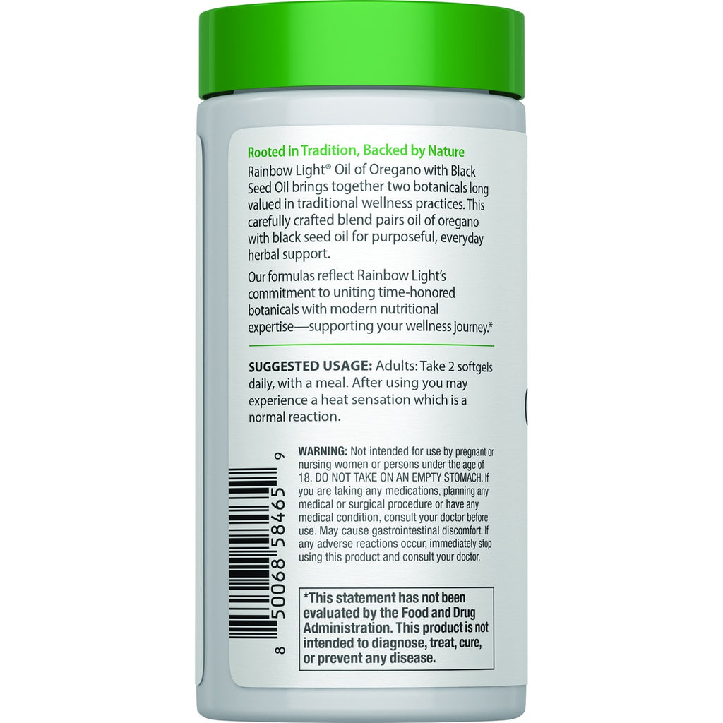 RBL180 | Back label of Rainbow Light Oil of Oregano with Black Seed Oil showing usage, warnings, and supplement facts - Thumbnail