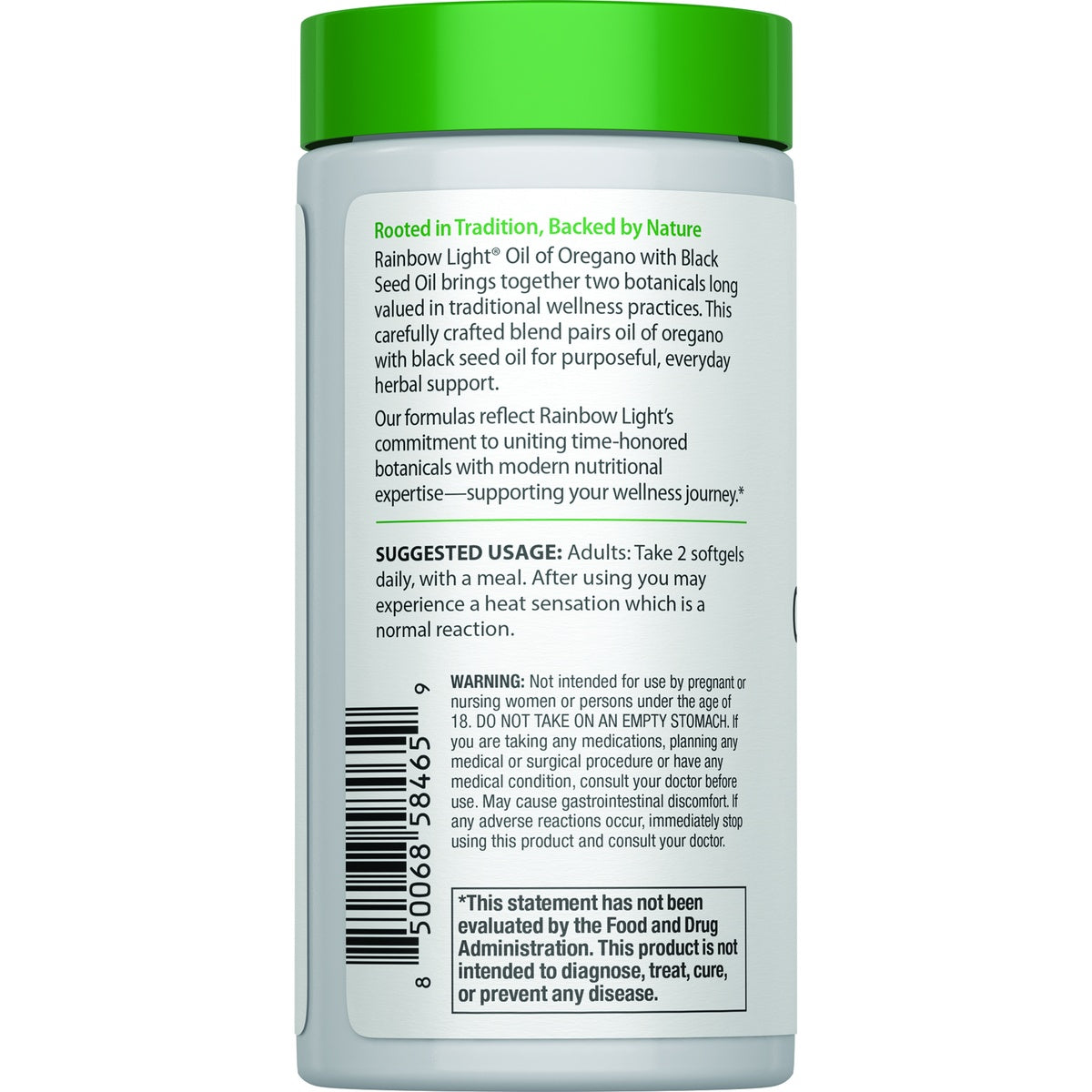 RBL180 | Back label of Rainbow Light Oil of Oregano with Black Seed Oil showing usage, warnings, and supplement facts