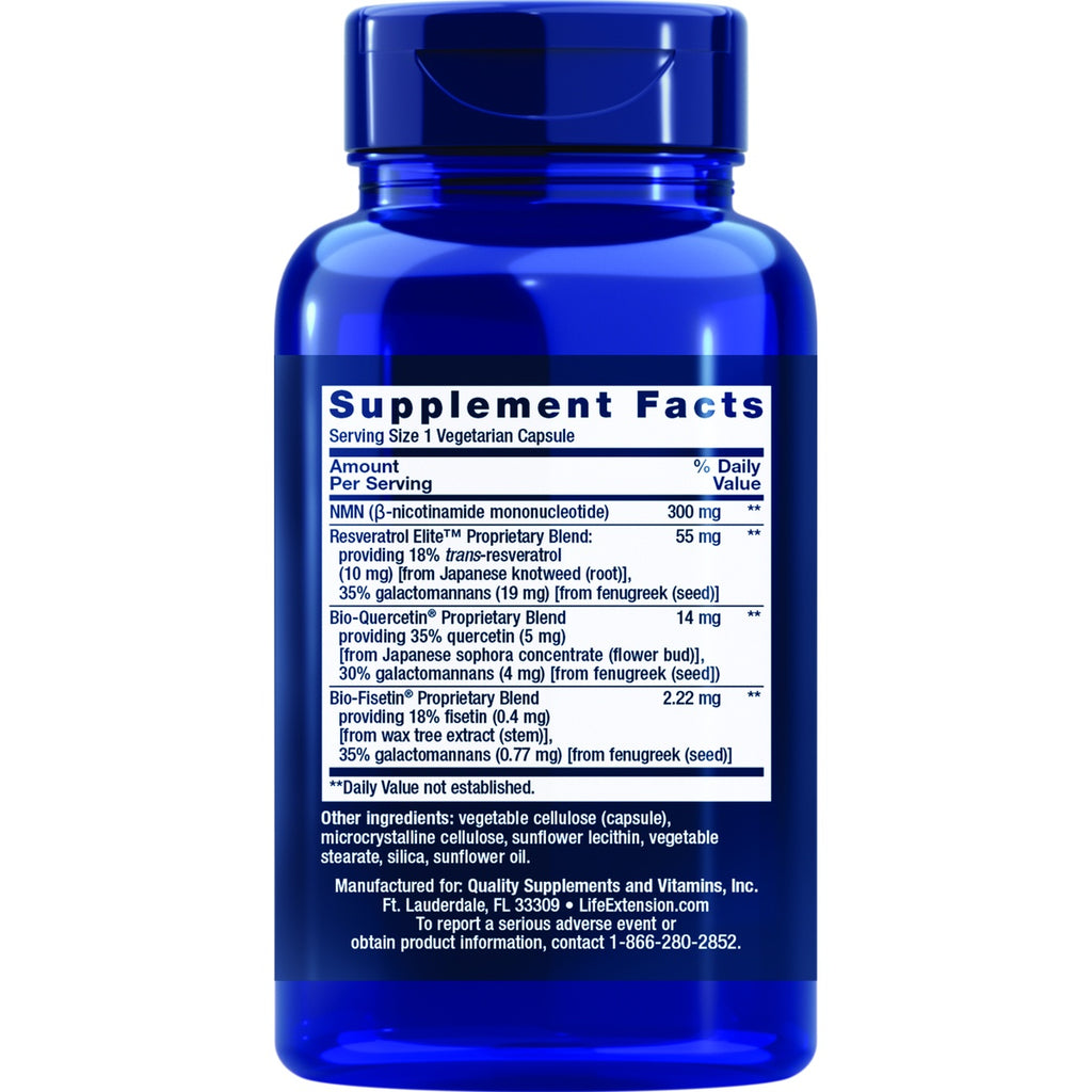LE600 | Supplement Facts label for a vegetarian capsule supplement with NMN, resveratrol, quercetin, and fisetin - Thumbnail