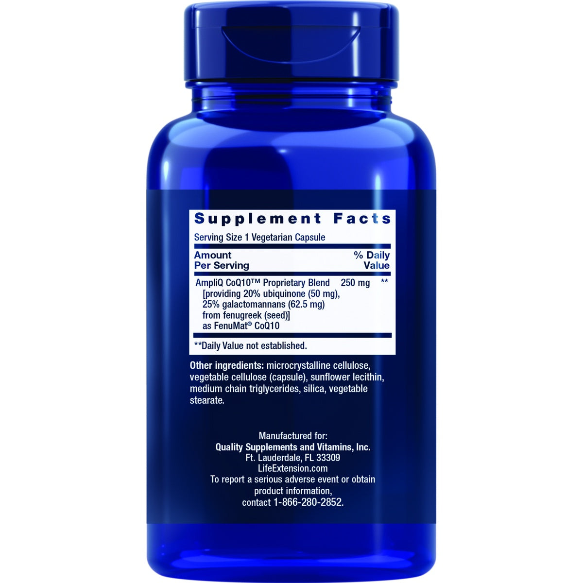 LE602 | Supplement Facts panel on blue bottle for AmpliQ CoQ10 proprietary blend, 1 vegetarian capsule
