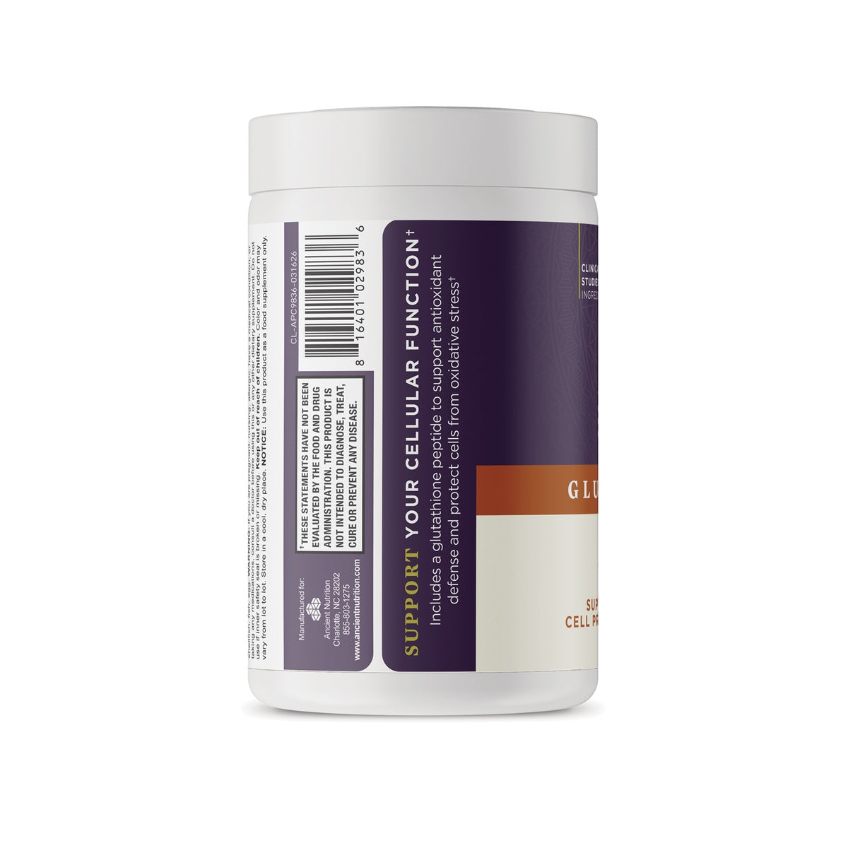 ATN154 | Supplement bottle with purple label and barcode, showing cellular function and antioxidant support claims