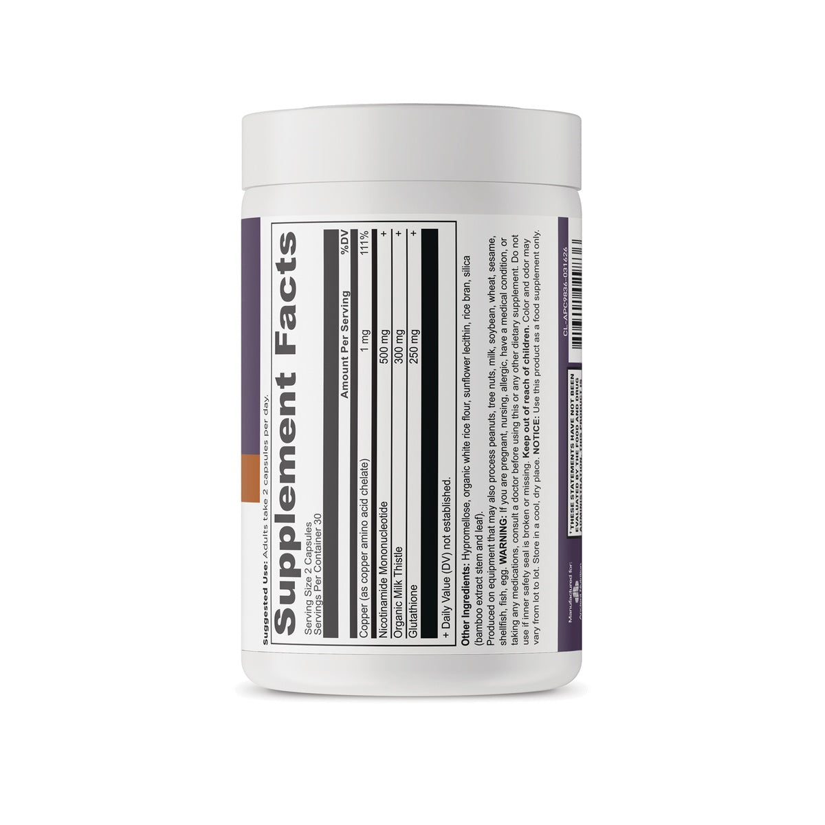 ATN154 | Supplement facts panel with ingredients, directions, and warnings
