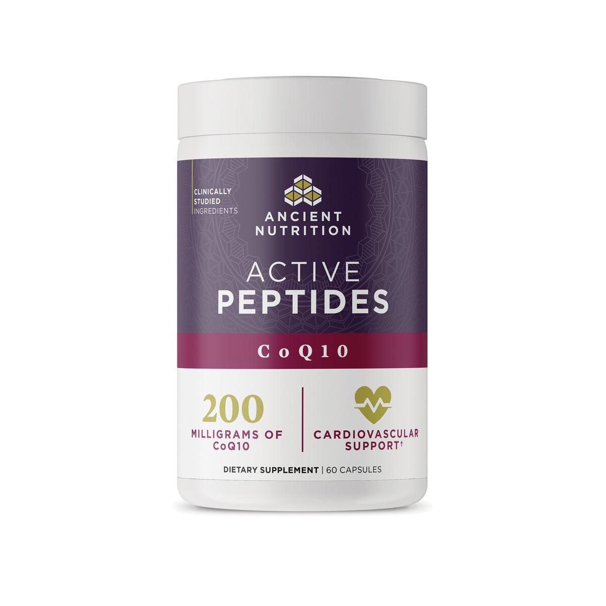 ATN155 | Ancient Nutrition Active Peptides CoQ10 supplement bottle, 200 milligrams, 60 capsules