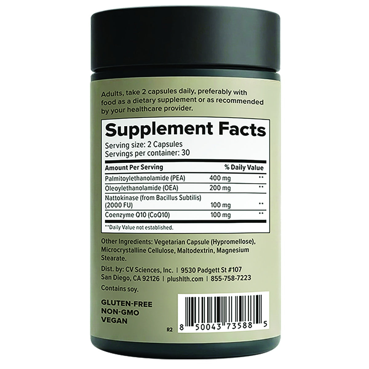 CV057 | Back label showing Supplement Facts, ingredients, and directions for capsules