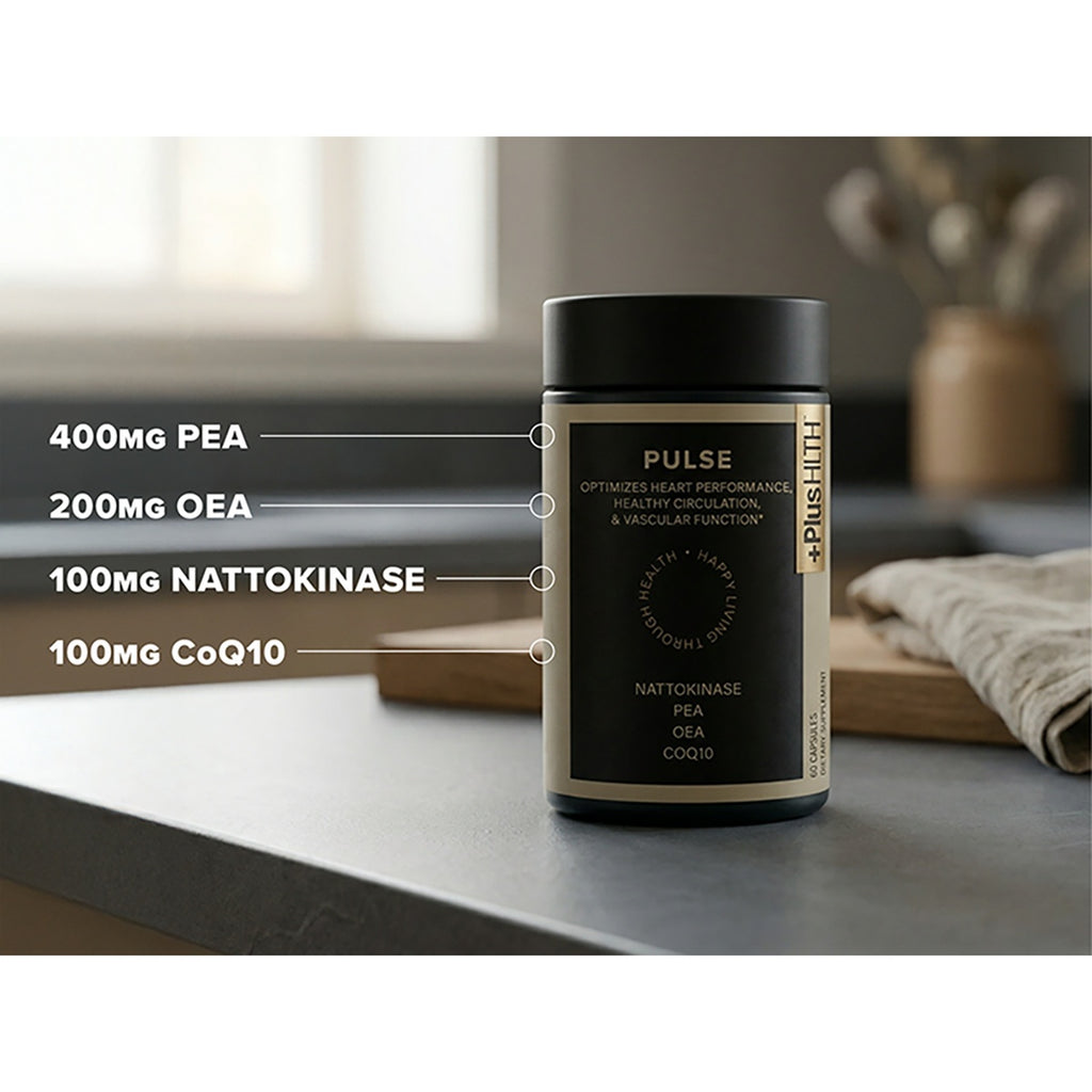 CV057 | Pulse supplement bottle infographic showing 400mg PEA, 200mg OEA, 100mg nattokinase, and 100mg CoQ10 - Thumbnail