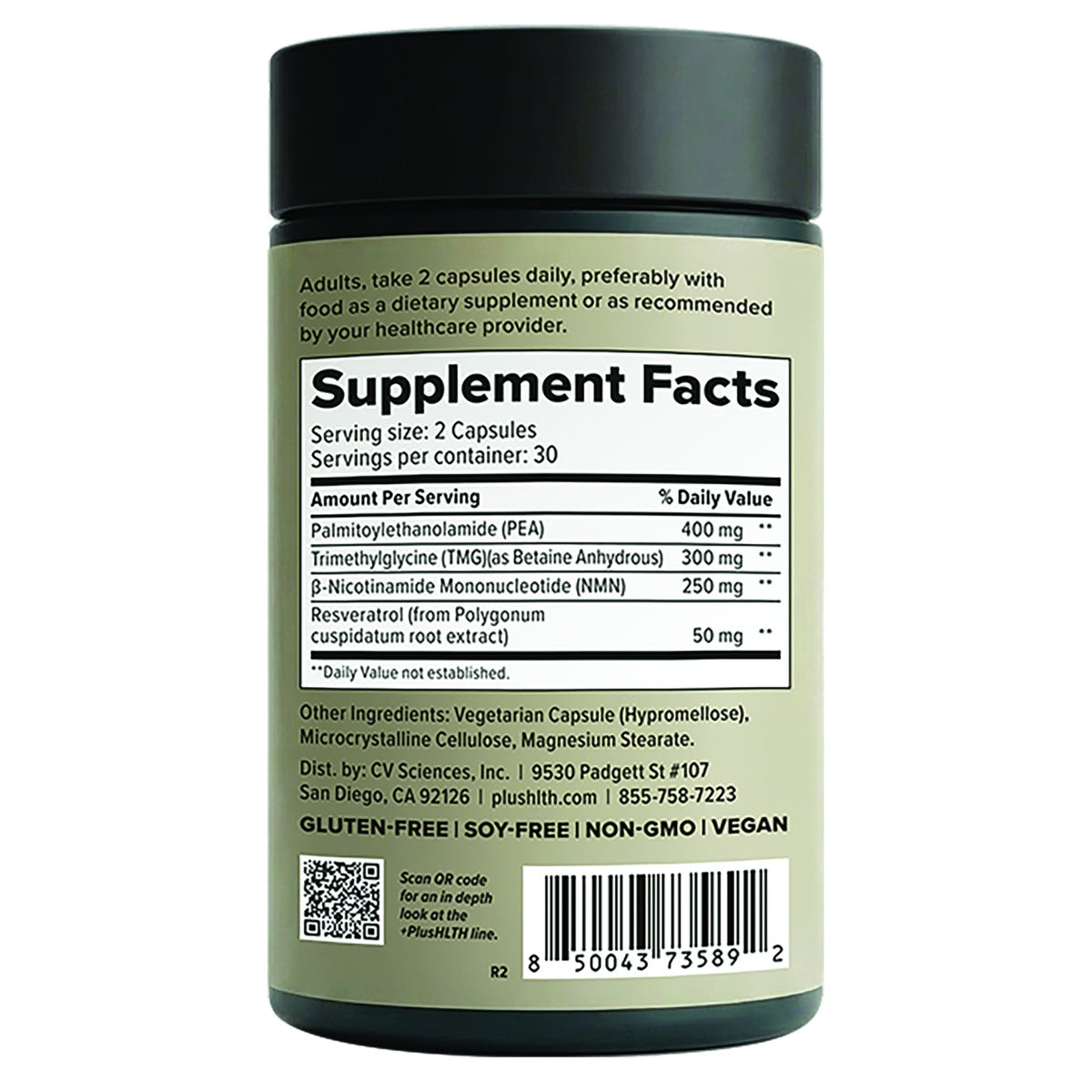CV058 | Supplement Facts label on a PlusLTH dietary supplement bottle with capsules, ingredients, and dosage instructions