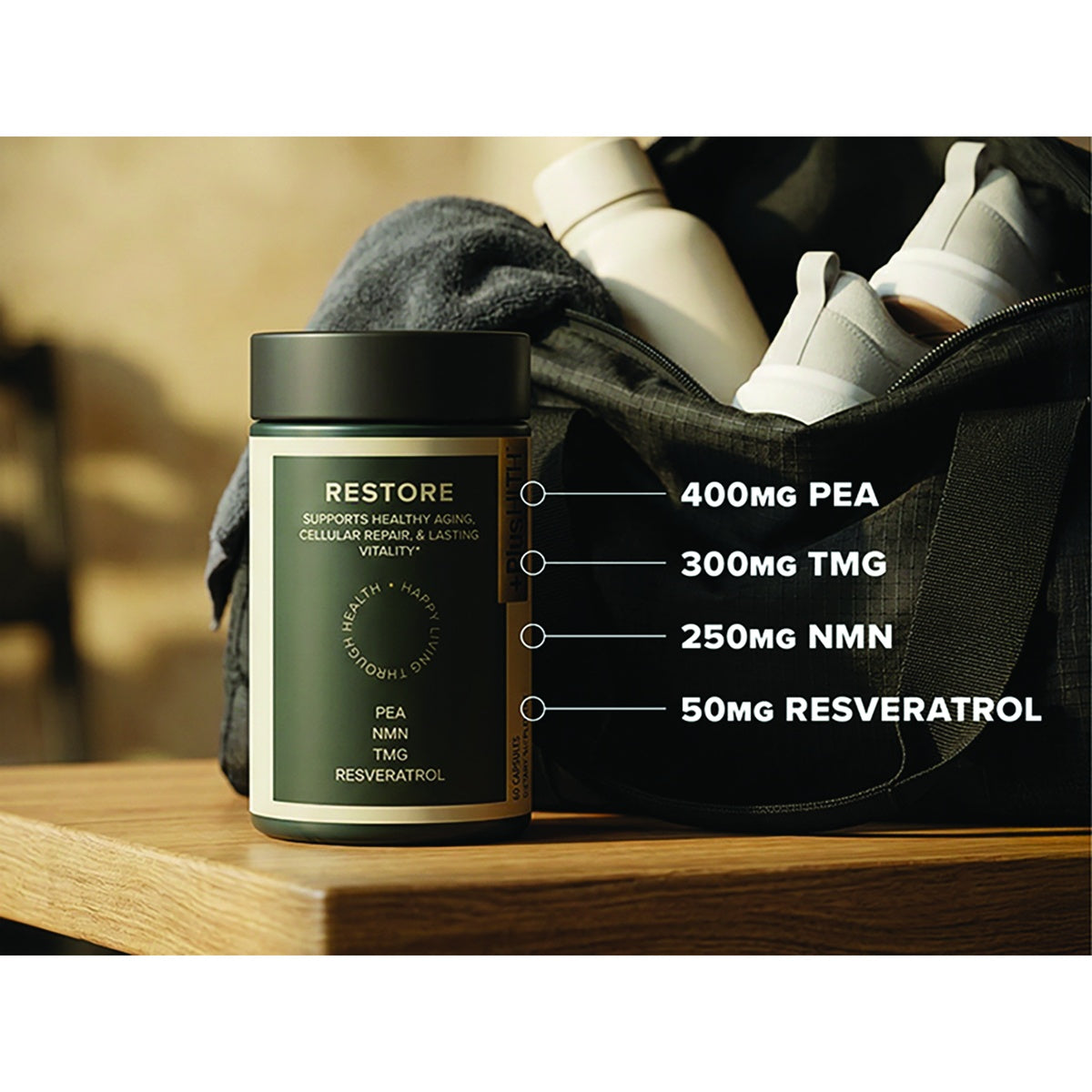 CV058 | Restore supplement bottle with 400 mg PEA, 300 mg TMG, 250 mg NMN, and 50 mg resveratrol